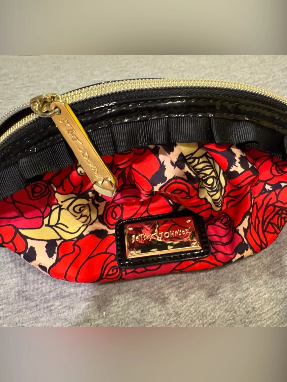 Betsey Johnson Red and Pink Rose Print Cosmetic Pouch with Cream Accents